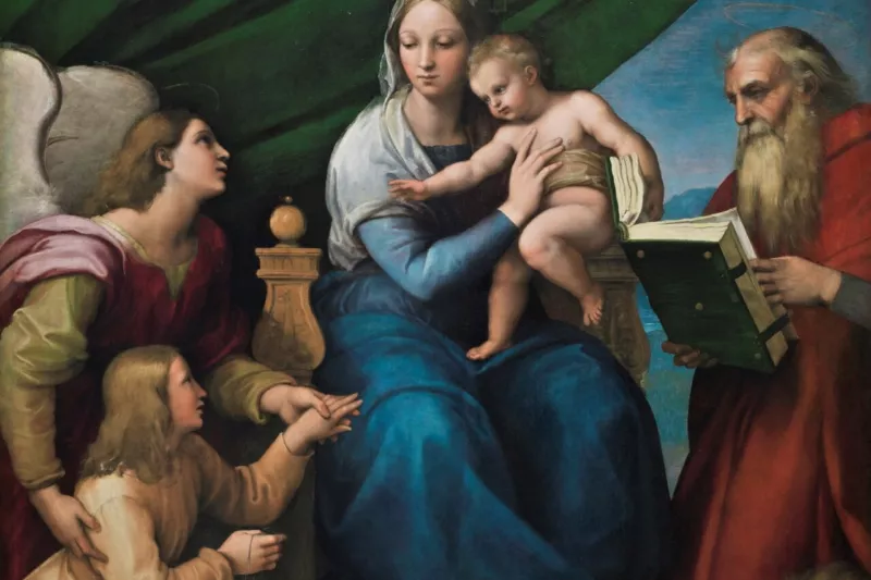 Raffaello Sanzio - Sacra Famiglia con Rafael, Tobia e San Girolamo, o Vergine del pesce