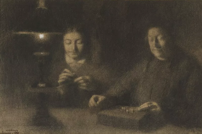 The Mother and Wife of the Artist Sewing by Lamplight (La mère et la femme de l'artiste cousant à la lumière d'une lampe), by Albert Lebourg (Getty 109K12)