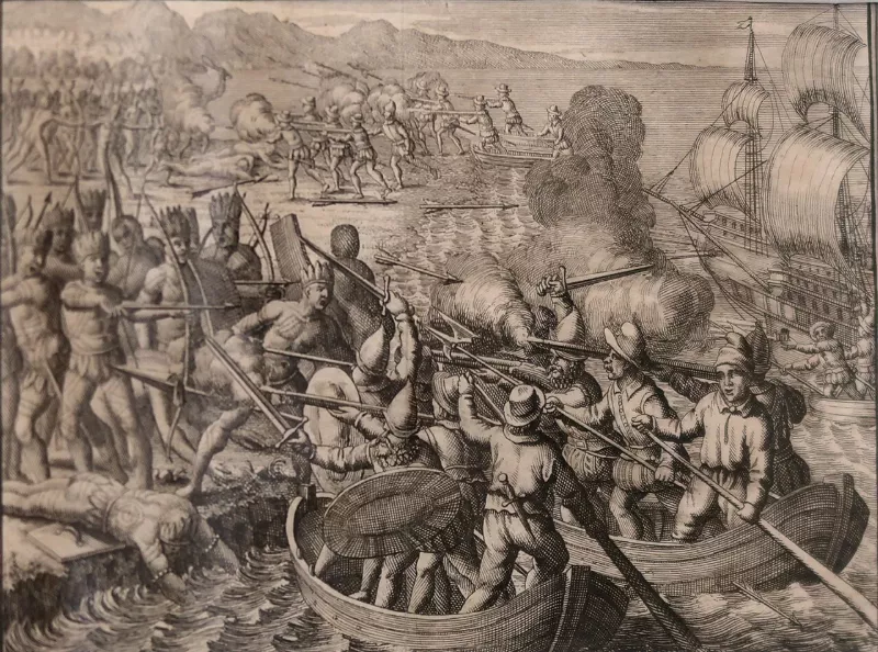 Astonishment at the cannon shots fired from a boat. Christopher Columbus, 1494. Antonius de Herrera. Leiden 1706. MNM La Rochelle
