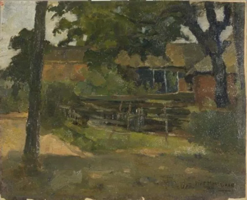 Piet Mondriaan - Farmstead in Het Gooi, viewed between trees and over fence - 0334258 - Kunstmuseum Den Haag