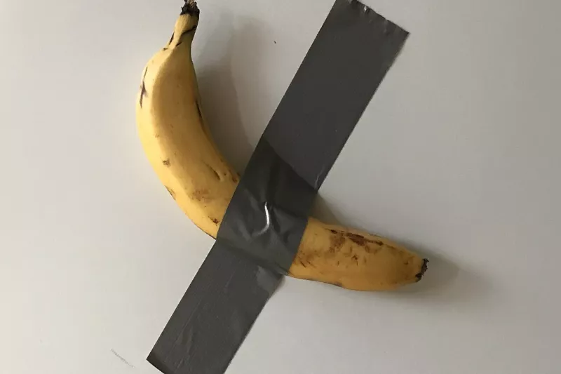 Banana duct taped to fridge as a reminder to eat less meat