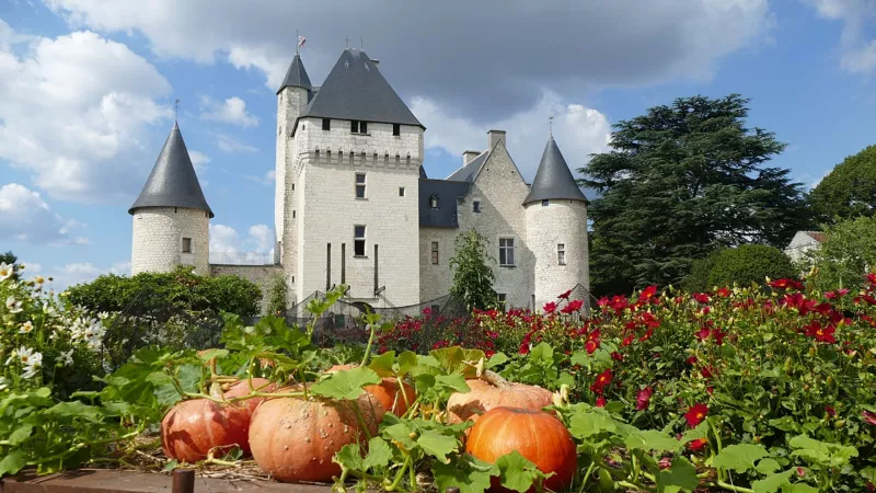 Vue de la façade du château du Rivau depuis le conservatoire des légumes