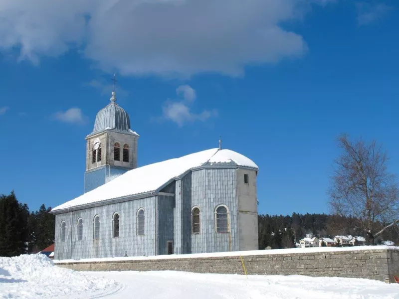 Prénovel Church, Jura, France, in winter