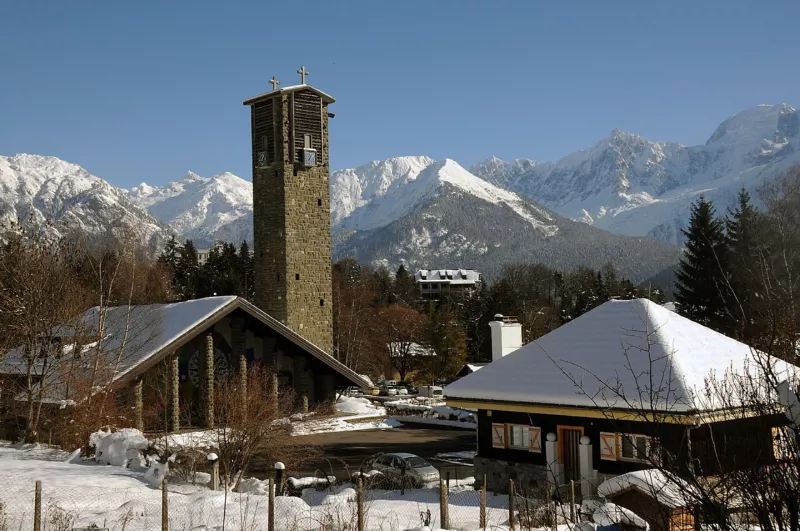 The famous church of Plateau d'Assy and the Mont Blanc chain - panoramio