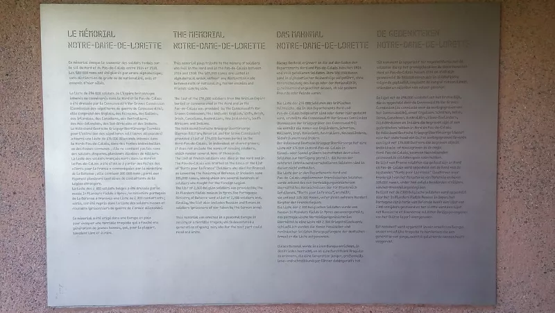 A memorial sign paying tribute to all the soldiers who died in the Nord and Pas-de-Calais regions during WWI at the L'Anneau de la Mémoire 2019